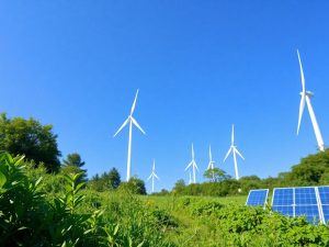 EkoBusiness 3 Peisaj verde cu vegetație și surse de energie curate.