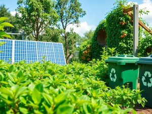 EkoBusiness 4 Peisaj verde cu plante, panouri solare si reciclare.