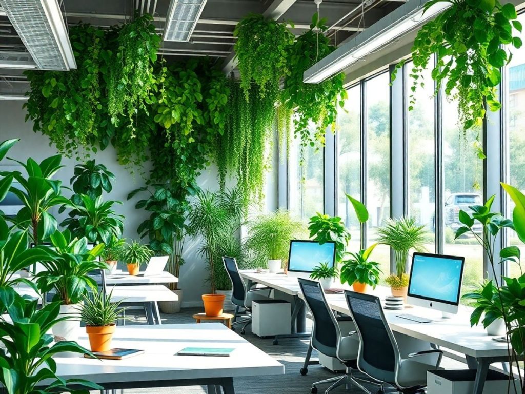 Oficiu modern cu plante și tehnologie sustenabilă.