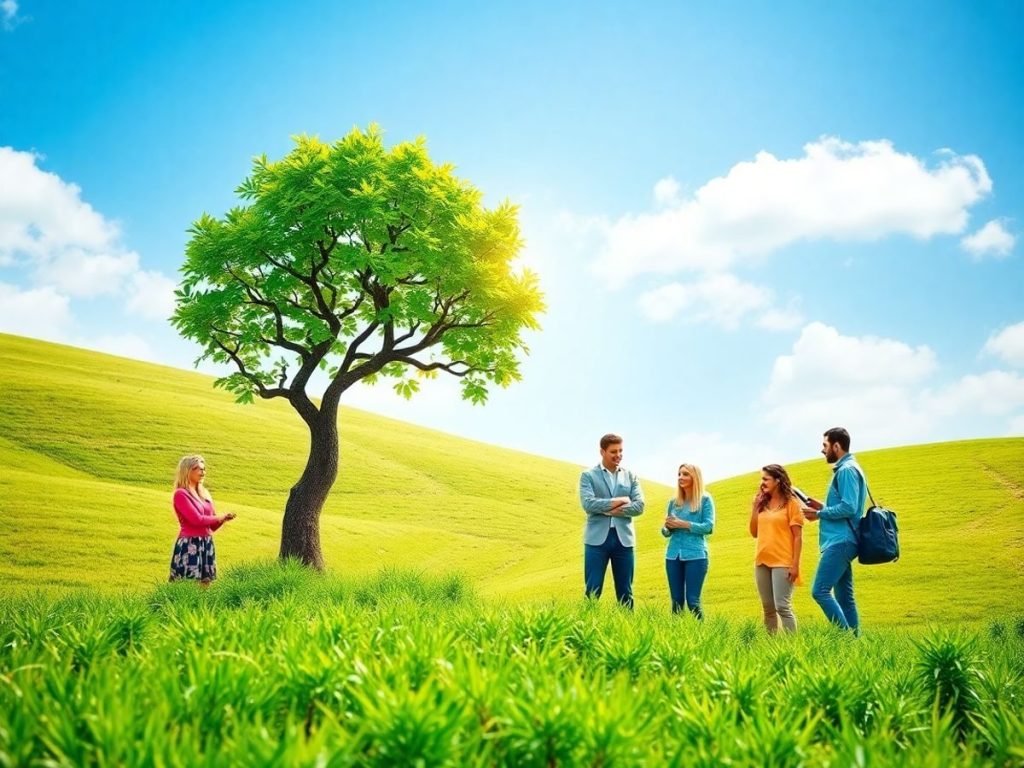 Echipa diversă colaborând în natură pentru afaceri sustenabile.