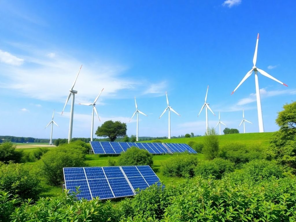 Peisaj cu turbine eoliene și panouri solare verzi.