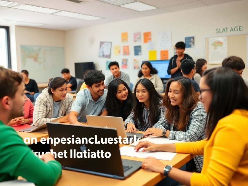 Tineri discutând și colaborând într-o clasă plină de energie.