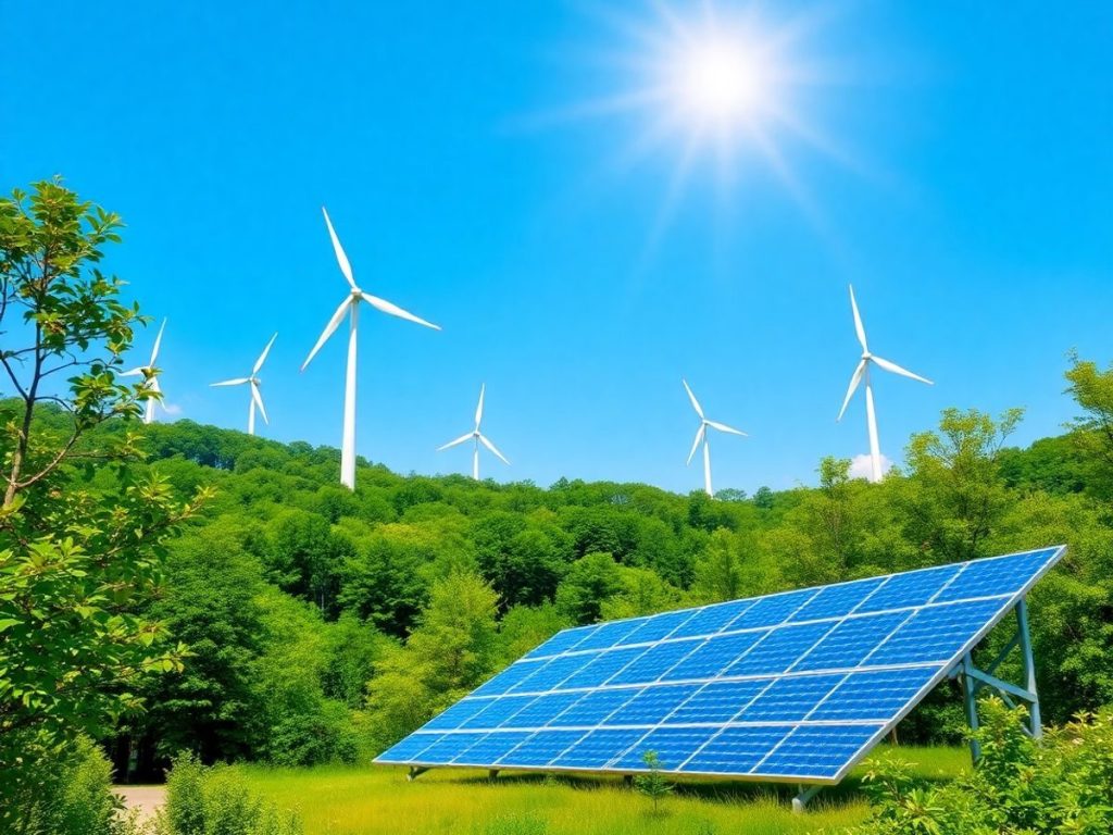 Peisaj verde cu turbine eoliene si panouri solare.