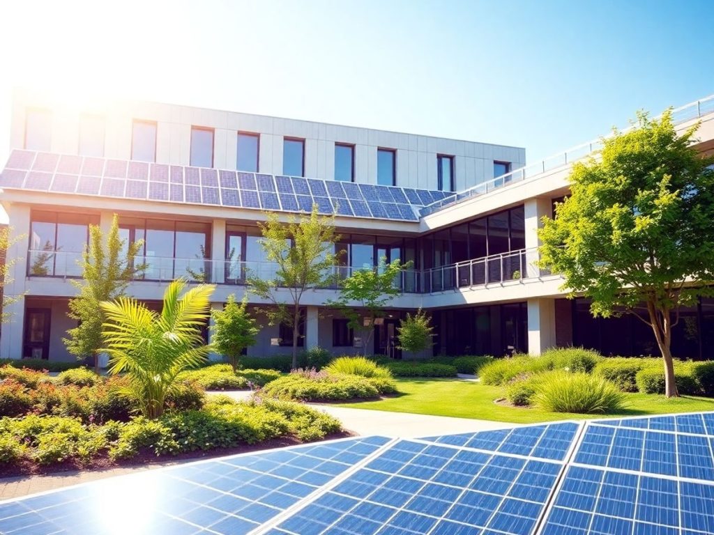 Clădire modernă cu panouri solare și peisaj verde.