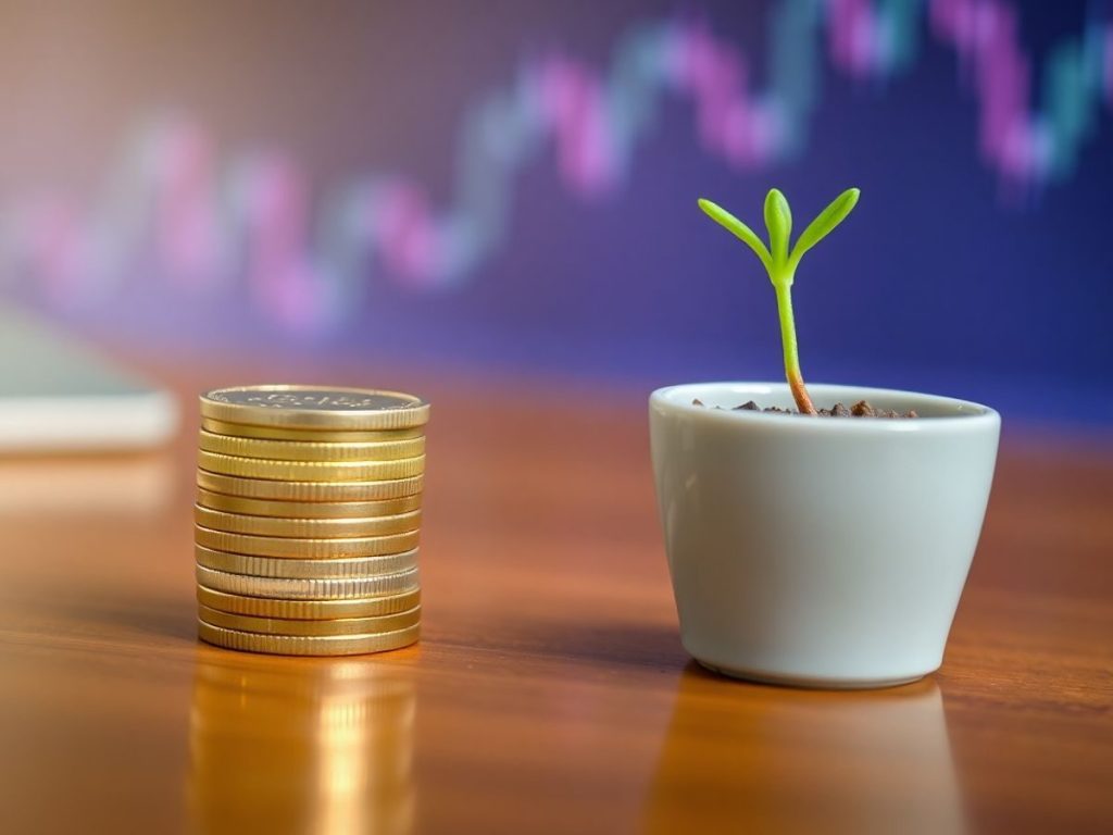 Model 3D cu monede, plante și grafice financiare.